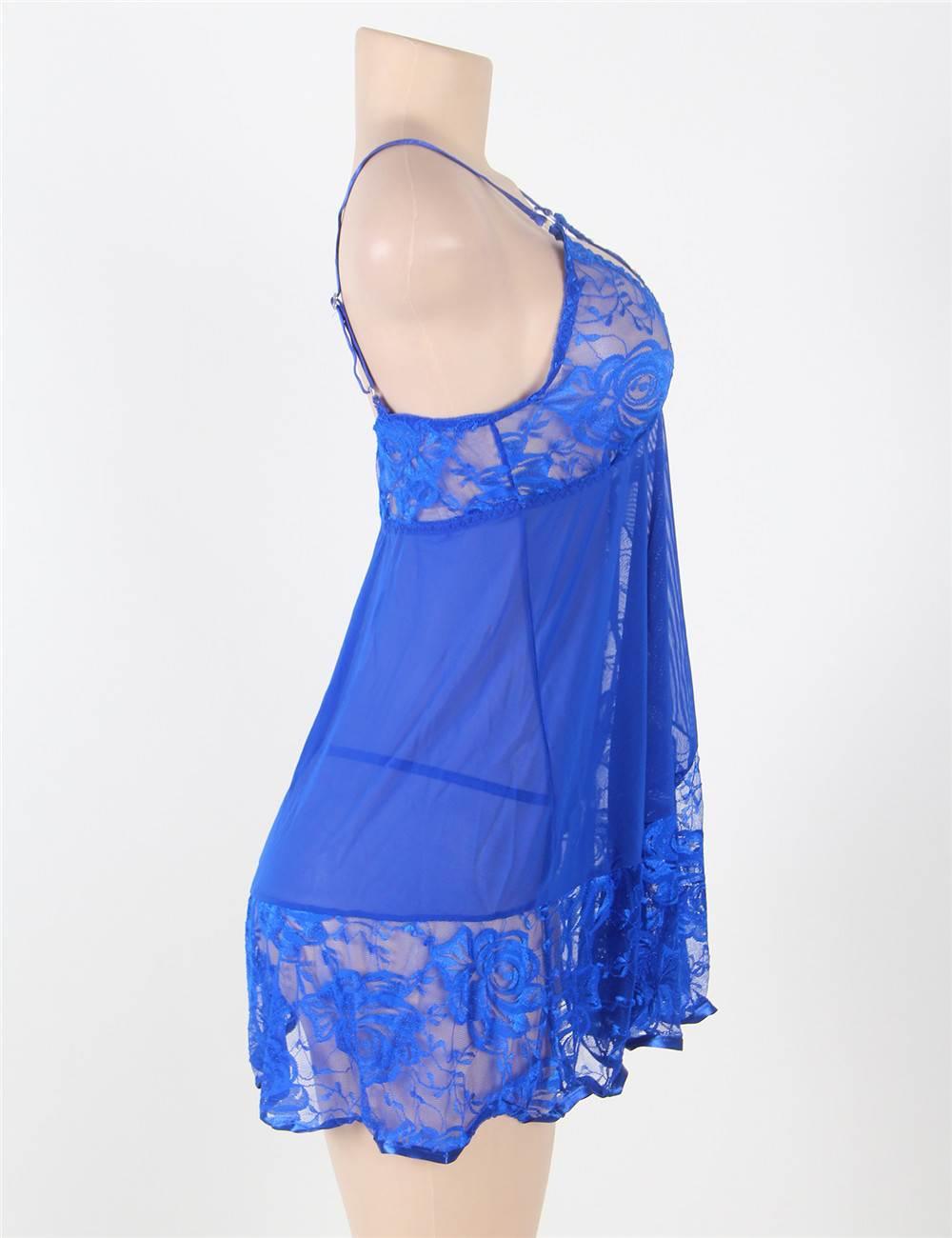 Sexy Transparent V Neck Lace Plus Size Short Nightdress - R80158P-4 - Love it Curvy