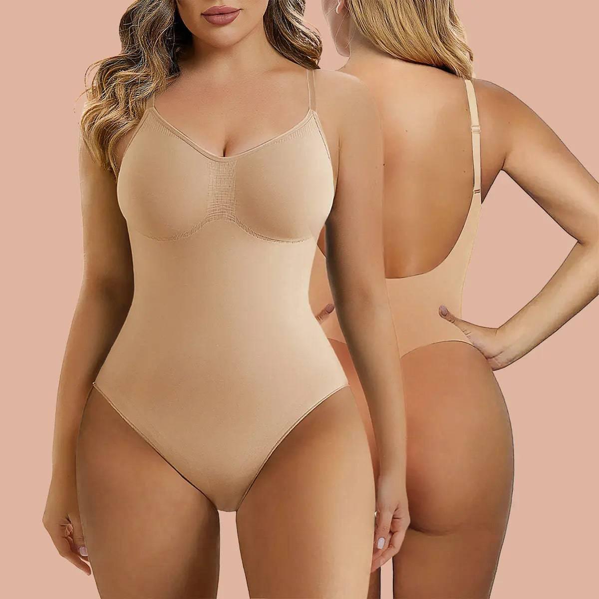 SHAPERX Low Back Tummy Control Bodysuit Seamless Sculpting Thong Body Shaper - SZ5266-Beige-L/XL - Love it Curvy