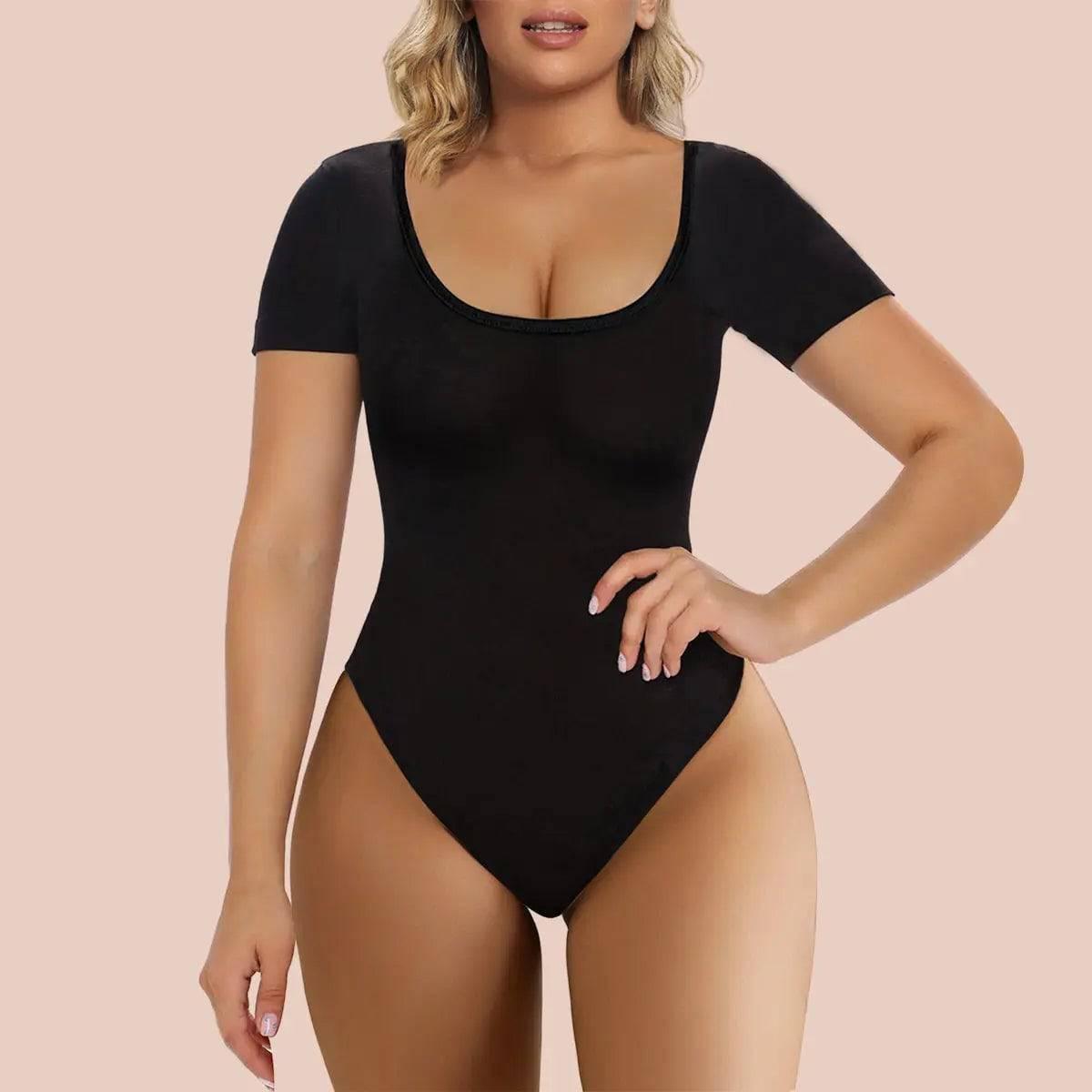 SHAPERX T-Shirt Square Neck Bodysuit Tummy Control Thong Shapewear - SZ5253-Black-L/XL - Love it Curvy