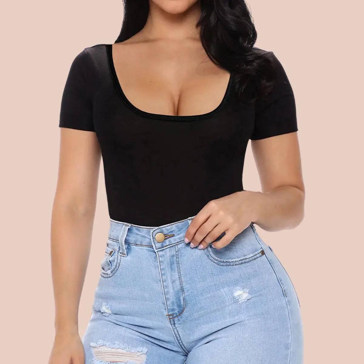 SHAPERX T-Shirt Square Neck Bodysuit Tummy Control Thong Shapewear - Love it Curvy