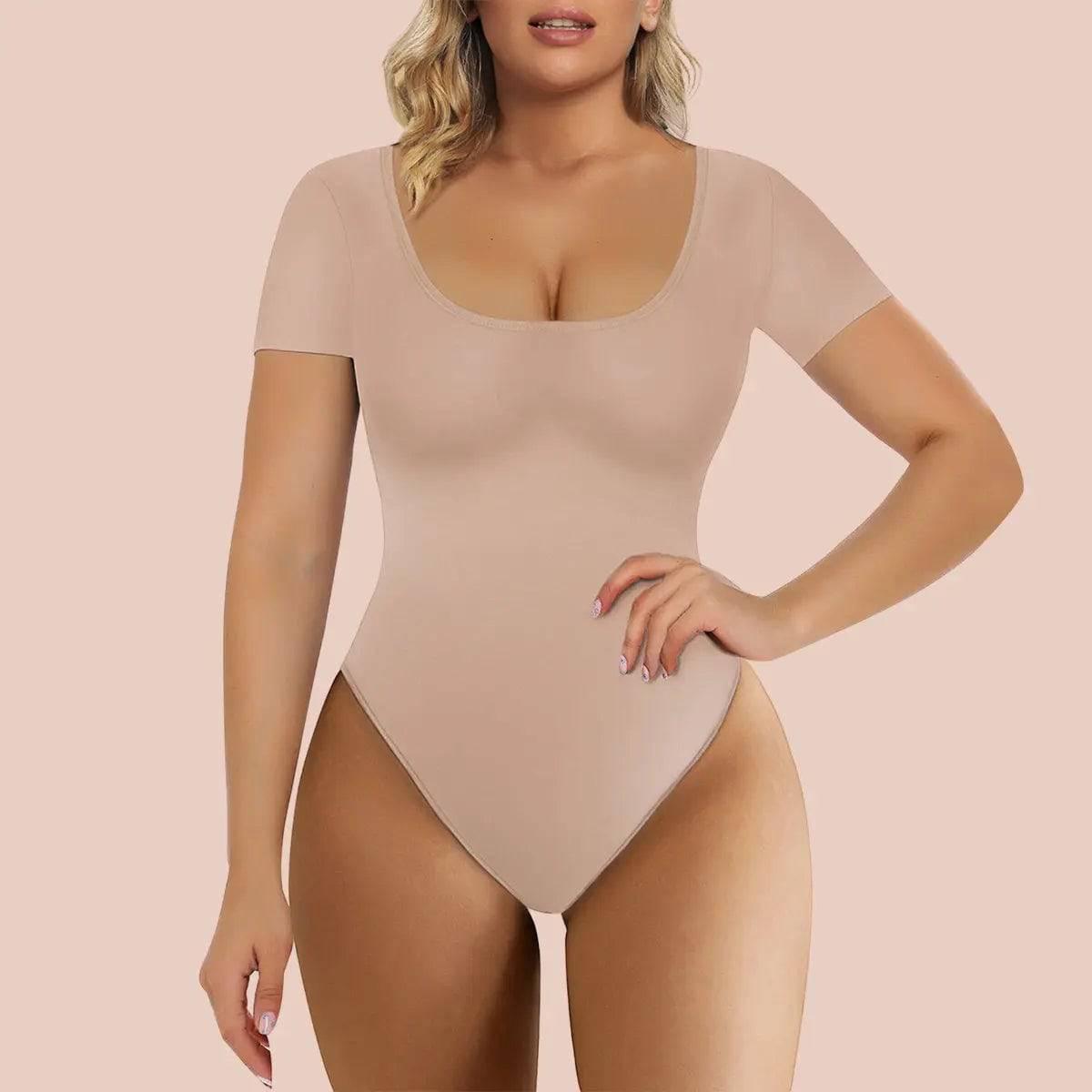 SHAPERX T-Shirt Square Neck Bodysuit Tummy Control Thong Shapewear - SZ5253-Sandstone -L/XL - Love it Curvy