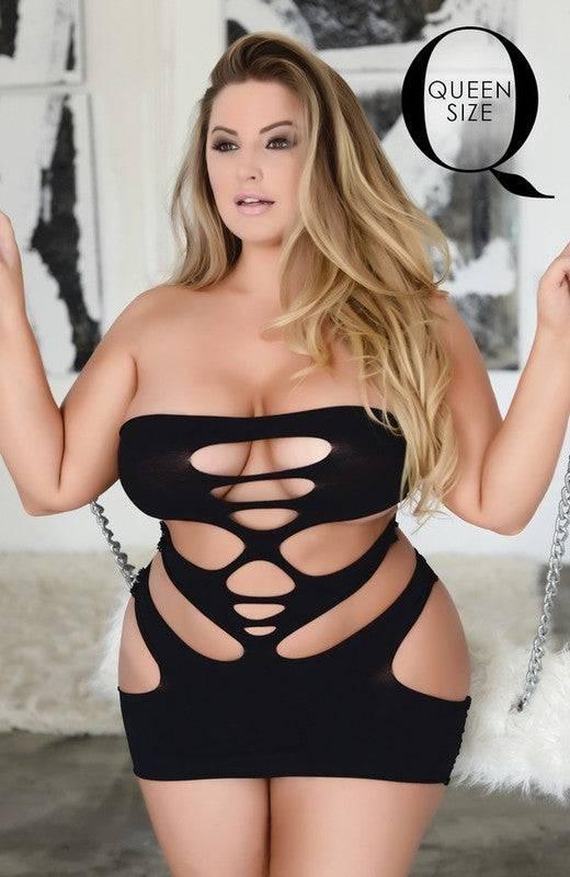 Solid Cutout Mini Bodystocking Dress - 2000001224867 - Love it Curvy