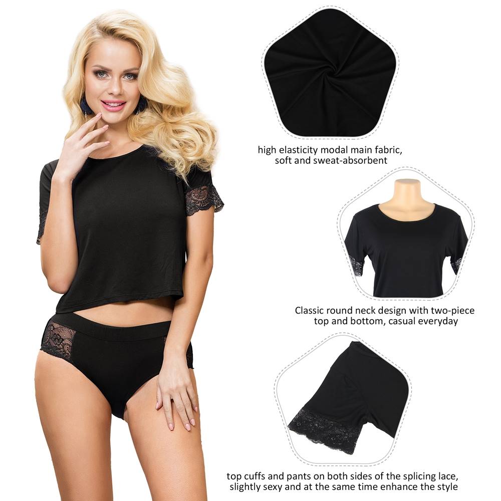 Stretchy Modal Casual Plus Size Sleepwear Black Two-piece set - R80867-2P-1 - Love it Curvy