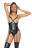 Striped Matte-Gloss Wet Look Cupless Bustier & Thong Set(22214) - 22214-BLK-1x2x - Love it Curvy