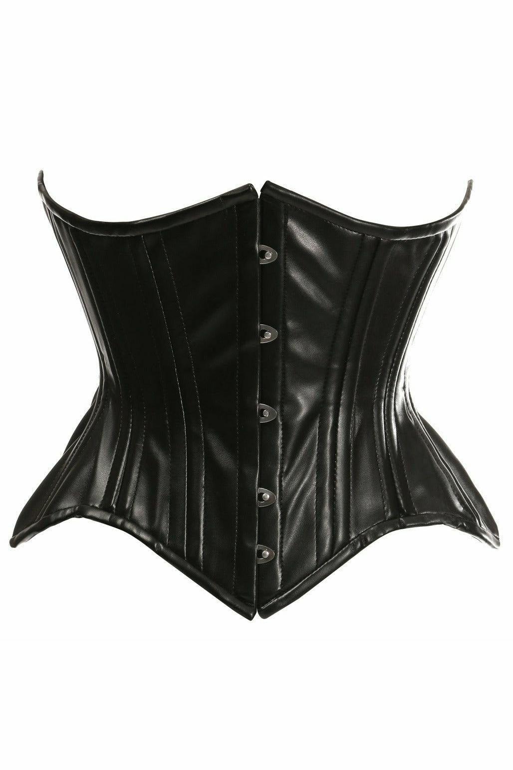 Top Drawer Black Faux Leather Double Steel Boned Curvy Cut Waist Cincher Corset - Love it Curvy
