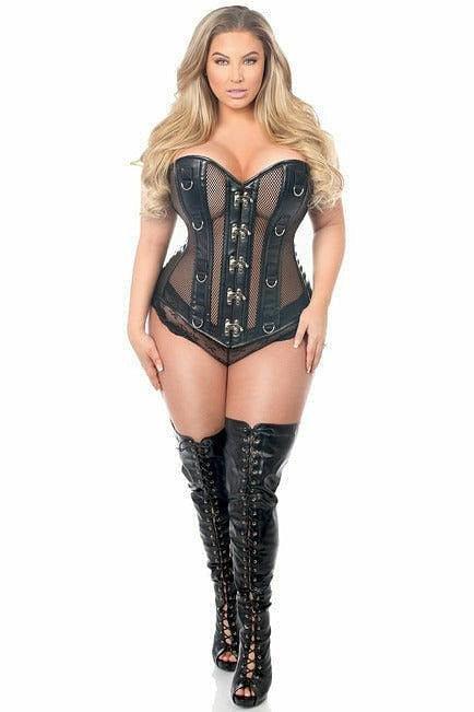 Top Drawer Faux Leather &amp; Fishnet Steel Boned Corset - Love it Curvy