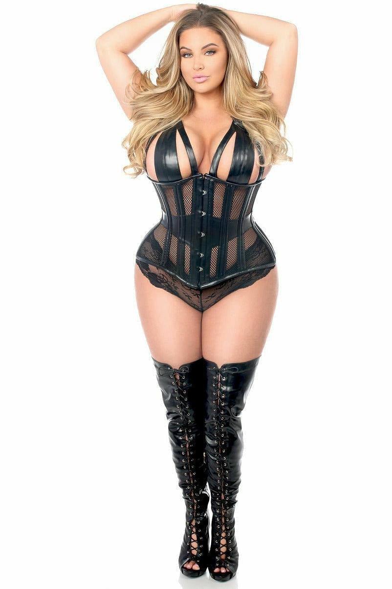Top Drawer Faux Leather & Fishnet Steel Boned Halter Top Corset - Love it Curvy