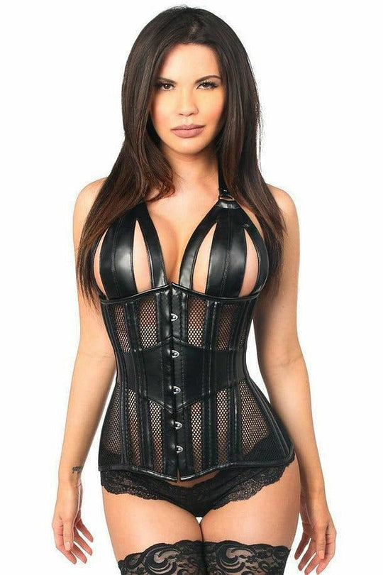 Top Drawer Faux Leather & Fishnet Steel Boned Halter Top Corset - Love it Curvy