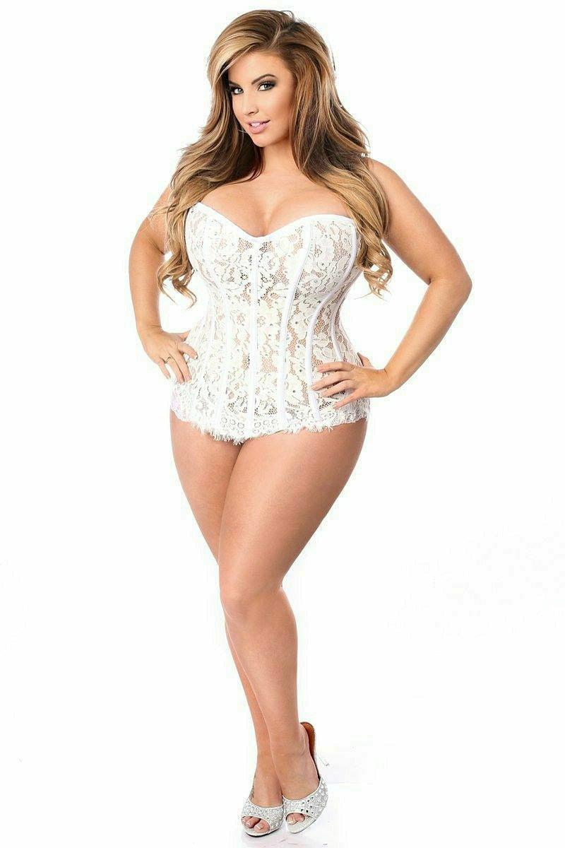 Top Drawer White Lace Steel Boned Corset w/Rhinestones - Love it Curvy