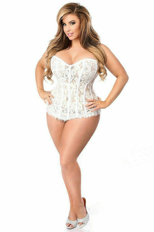 Top Drawer White Lace Steel Boned Corset w/Rhinestones - Love it Curvy