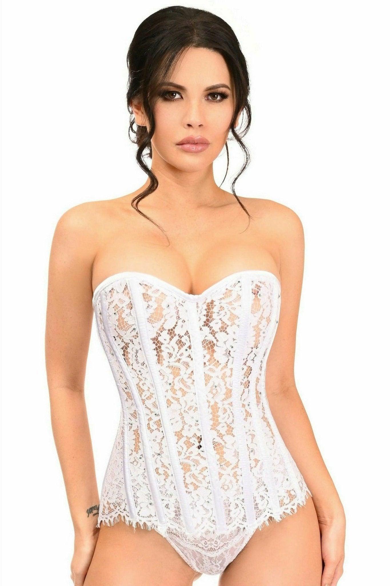 Top Drawer White Lace Steel Boned Corset w/Rhinestones - TD-139-S - Love it Curvy