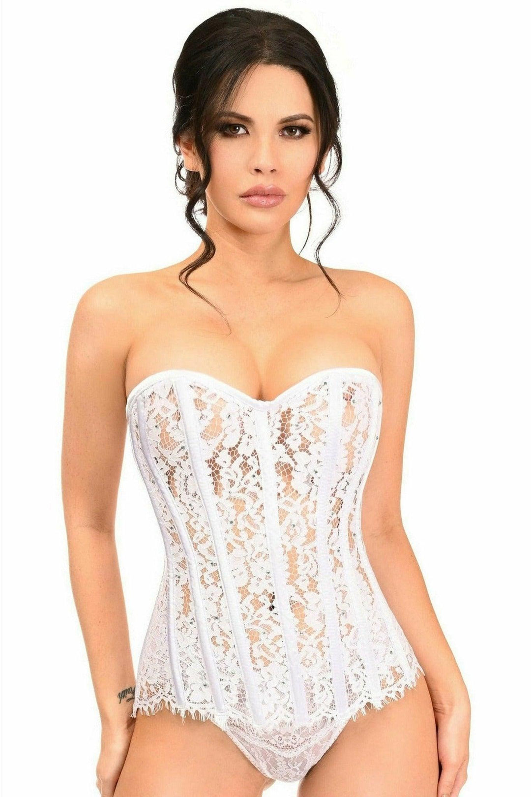 Top Drawer White Lace Steel Boned Corset w/Rhinestones - Love it Curvy