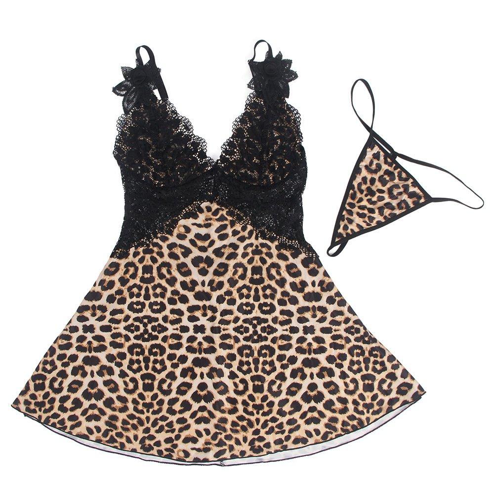 V Neck Leopard Print Lace Stitching Strap with Flower Babydoll - R81130-3P - Love it Curvy