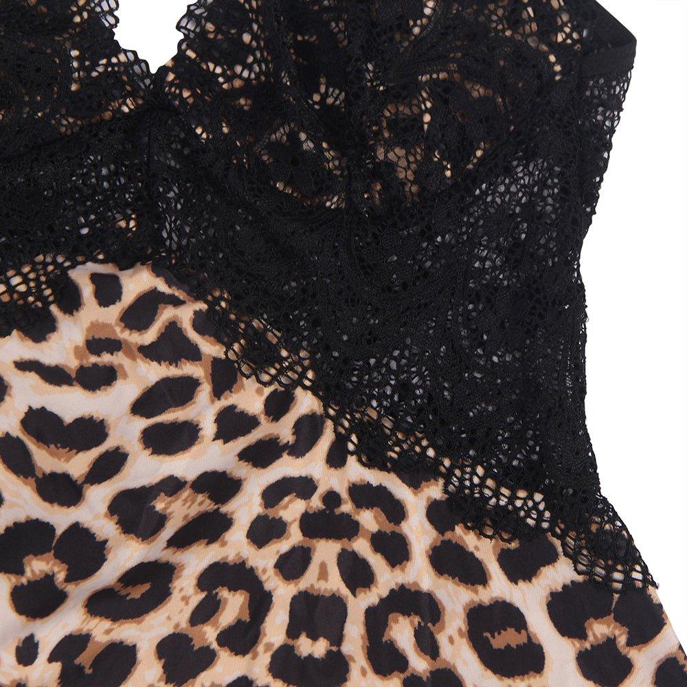 V Neck Leopard Print Lace Stitching Strap with Flower Babydoll - R81130-3P - Love it Curvy