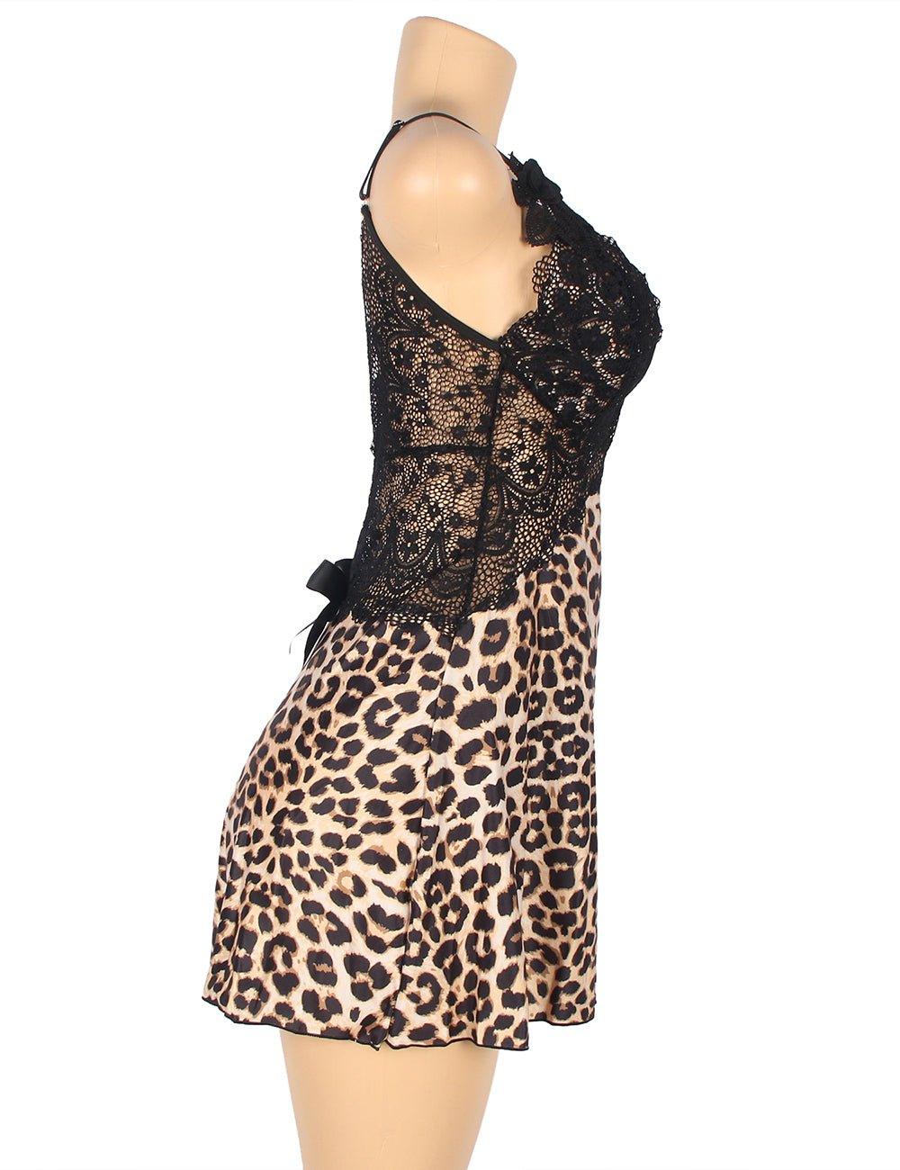 V Neck Leopard Print Lace Stitching Strap with Flower Babydoll - R81130-3P - Love it Curvy