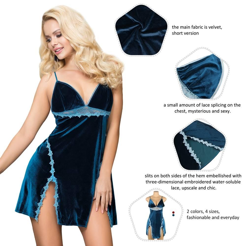 Velour Embroidery Blue Plus Size Nightdress With G String - R80981-1P-1 - Love it Curvy