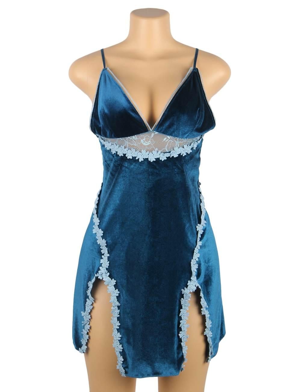 Velour Embroidery Blue Plus Size Nightdress With G String - R80981-1P-1 - Love it Curvy