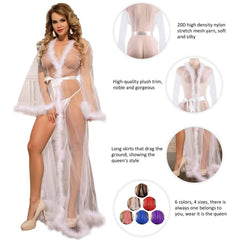 White Plus Size Sexy Plush Edging Mesh Robe With Belt - A80759-2P-1299-OHY - Love it Curvy