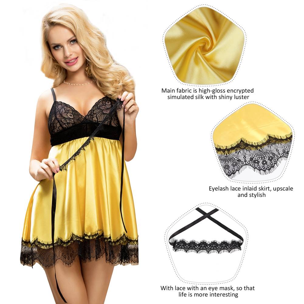 Yellow Sleepwear With Blindfold Silk Eyelash Lace Plus Size Camisole - R80911-1P - Love it Curvy